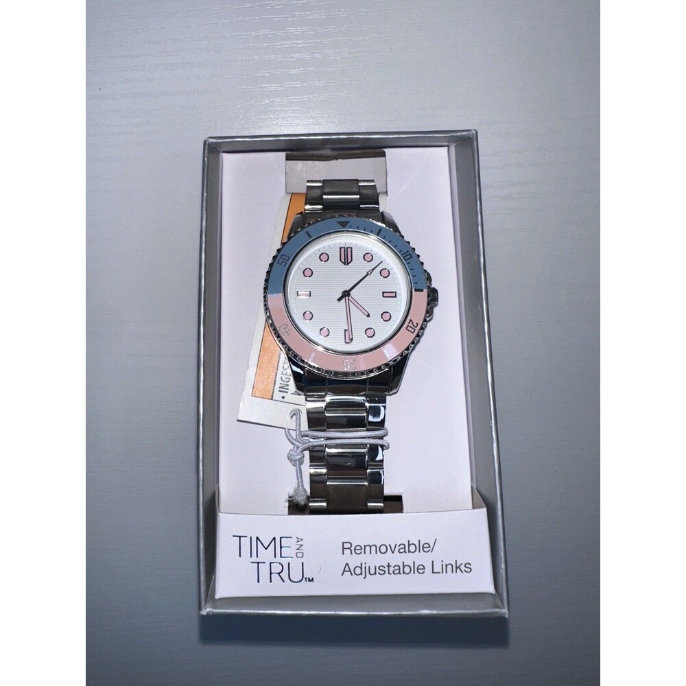 Time And Tru Women’s Silver Tone White, Pink, & Blue Bezel Bracelet Watch
